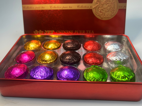 Zestaw prezentowy herbaty Shu Pu Erh (15 szt. x 5 gr.) w żelaznym pudełku